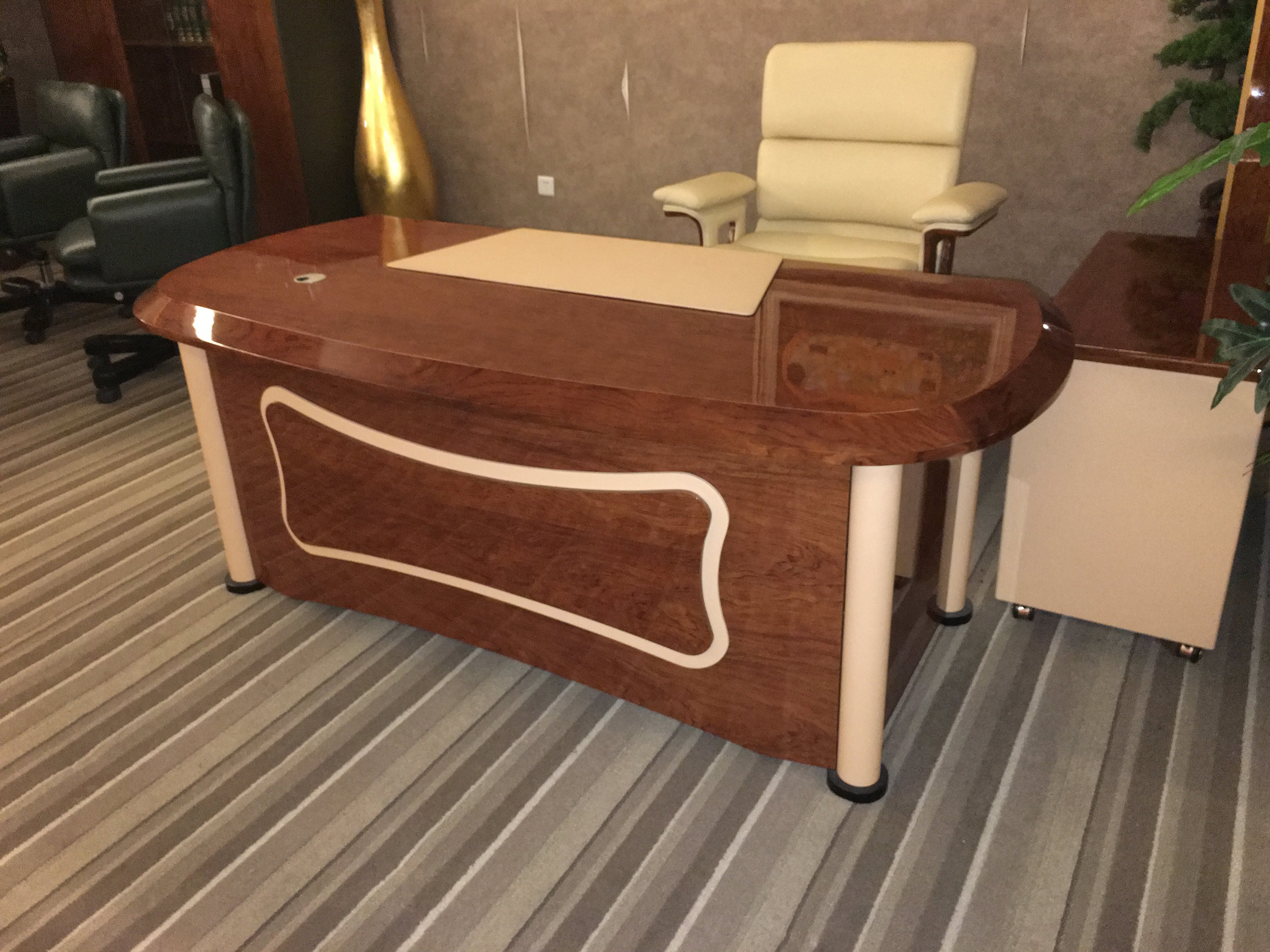 Walnut Veneer High Gloss Executive Office Desk with Cream Leather Panels - 6870-1800mm